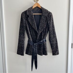 Handmade Velvet Vintage Floral Printed Blazer Jacket w/ Satin Waist Tie Black S